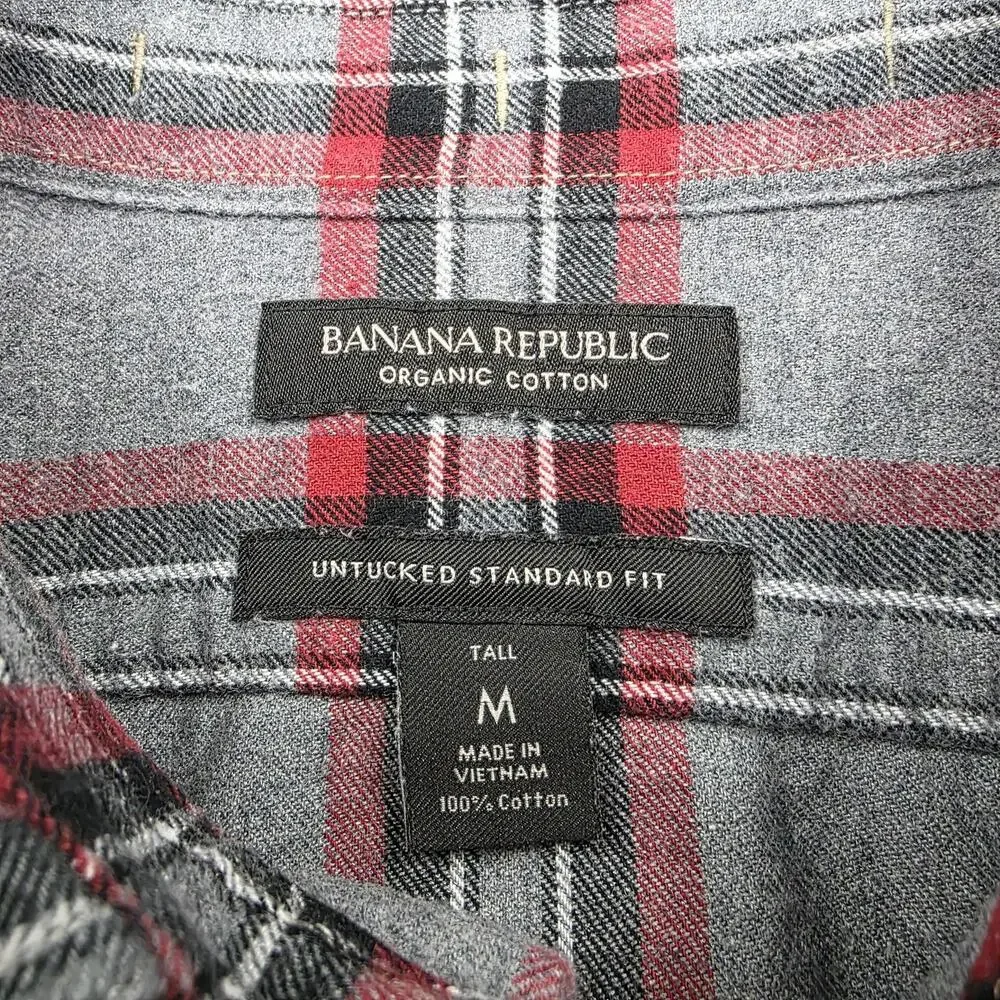 Banana Republic Shirt Mens Tall Medium Gray Plaid Flannel Untucked Standard Fit